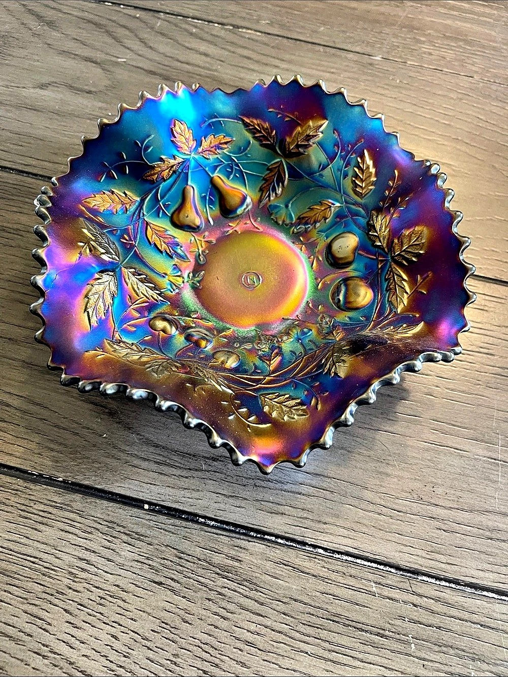 Vintage Northwood Fruit & Flowers Electric Blue Carnival Glass Ruffled Bowl